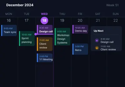 Week calendar view with scheduled events and upcoming meetings
