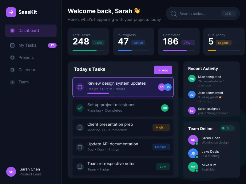 Task manager dashboard with today's tasks, team activity, and project stats